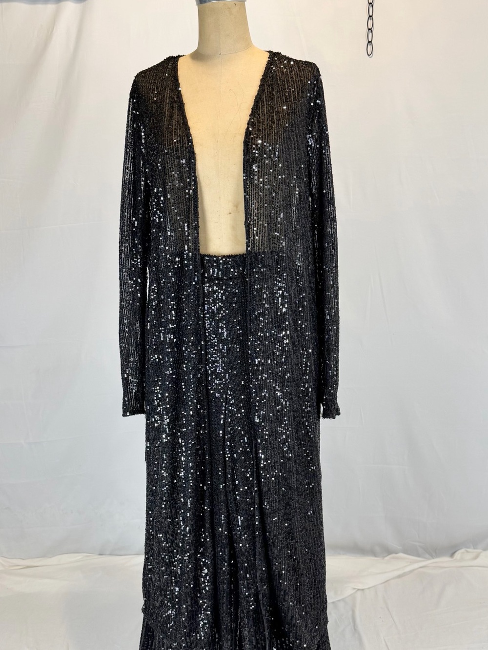 Black sequin sparkle party suit pants duster cardigan jacket set glam bling - Picture 3 of 13